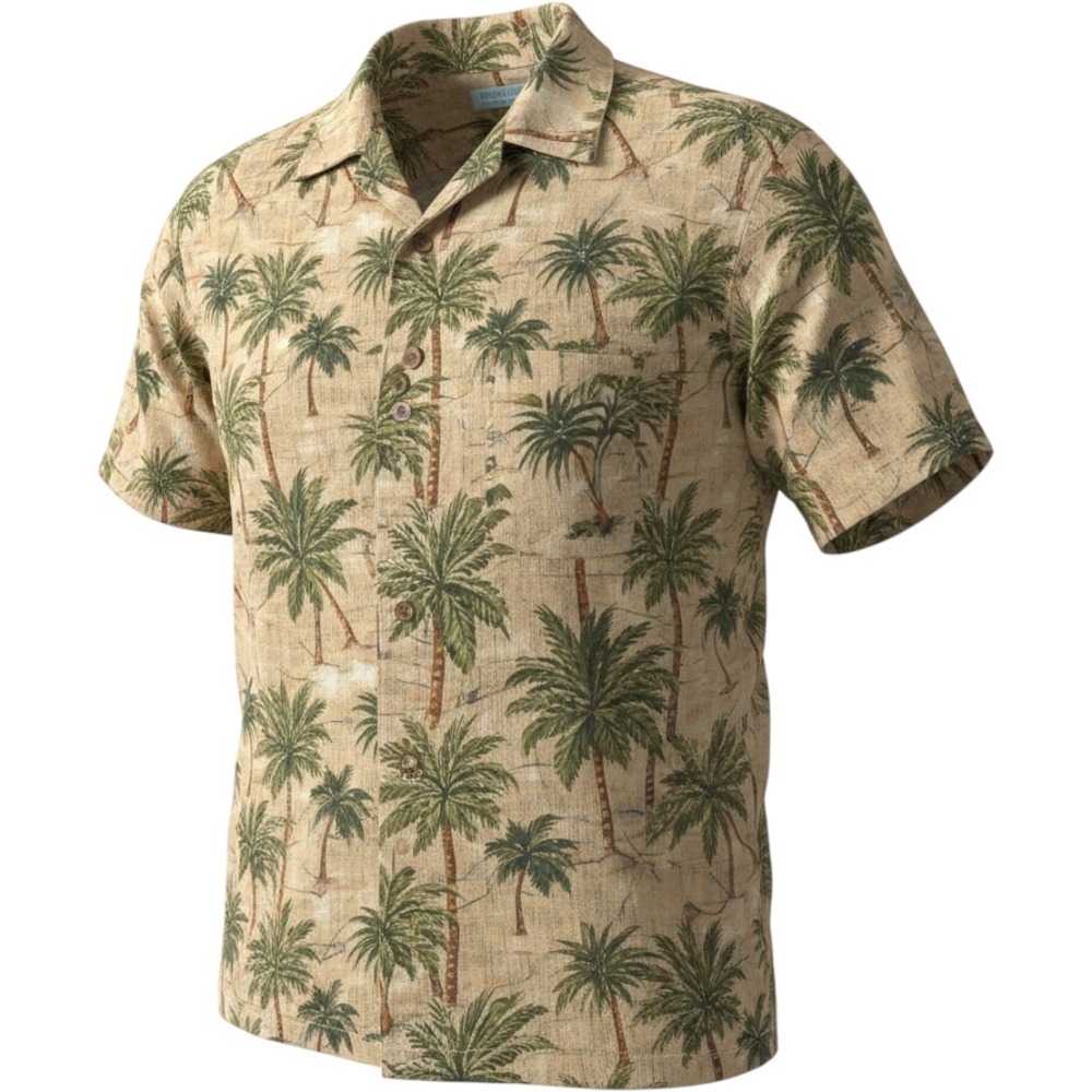 Island Connection Honolulu Mens XL Palm Tree Print Cotton Hawaiian Shirt Tan
